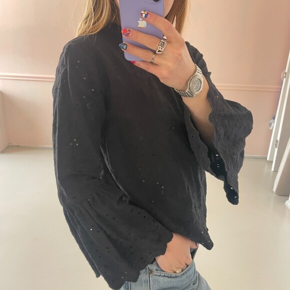Ulla Johnson Bell Sleeve Eyelet Blouse Top Black 2 - Picture 4 of 7